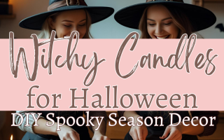 two women wearing witch hats and making candles in a kitchen decorated with Halloween decorations