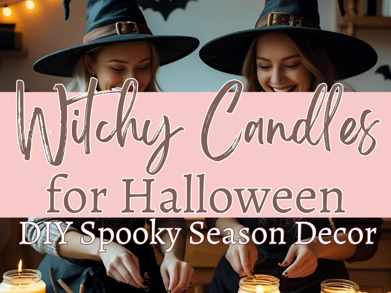 two women wearing witch hats and making candles in a kitchen decorated with Halloween decorations