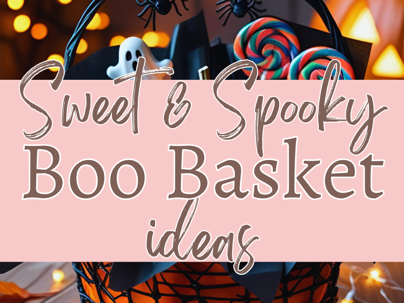 Halloween basket filled with spooky goodies like lollipops, little ghosts and candy corn